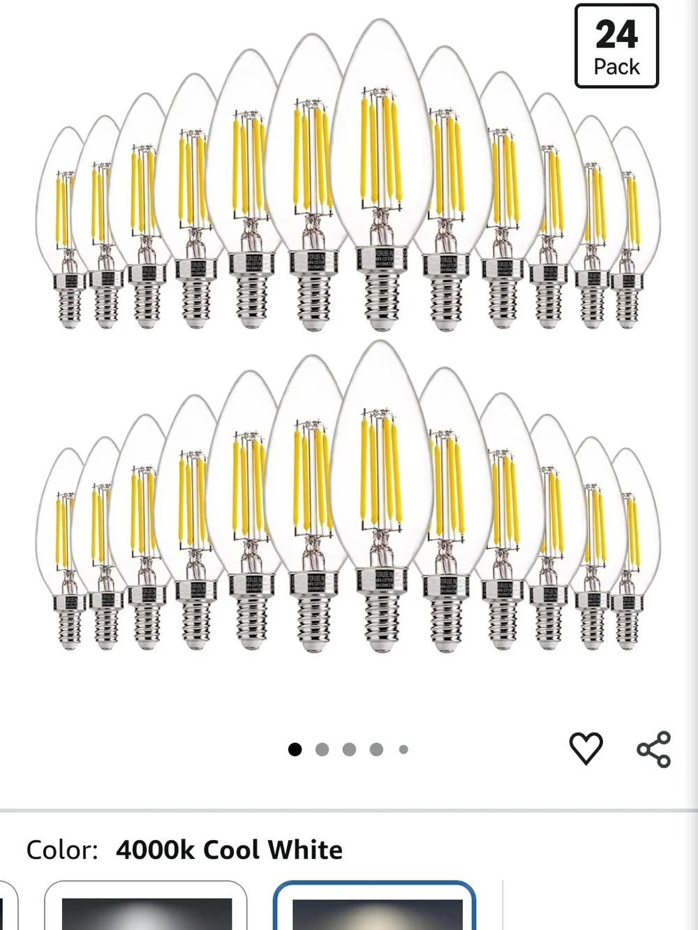 NEW Candelabra Dimmable Bulbs, 60W Equiv., E12 Base, 4000k Cool White, 24 Pack